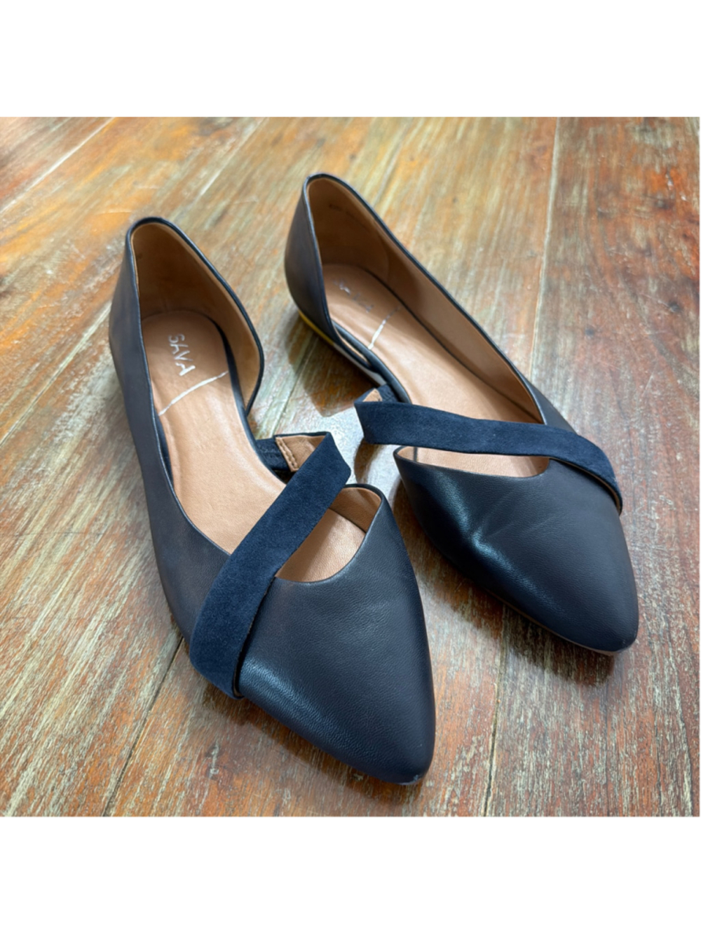 SAVA Navy Blue Leather d'Orsay Pointed Toe Flats Asymmetrical Suede Strap Sz 42